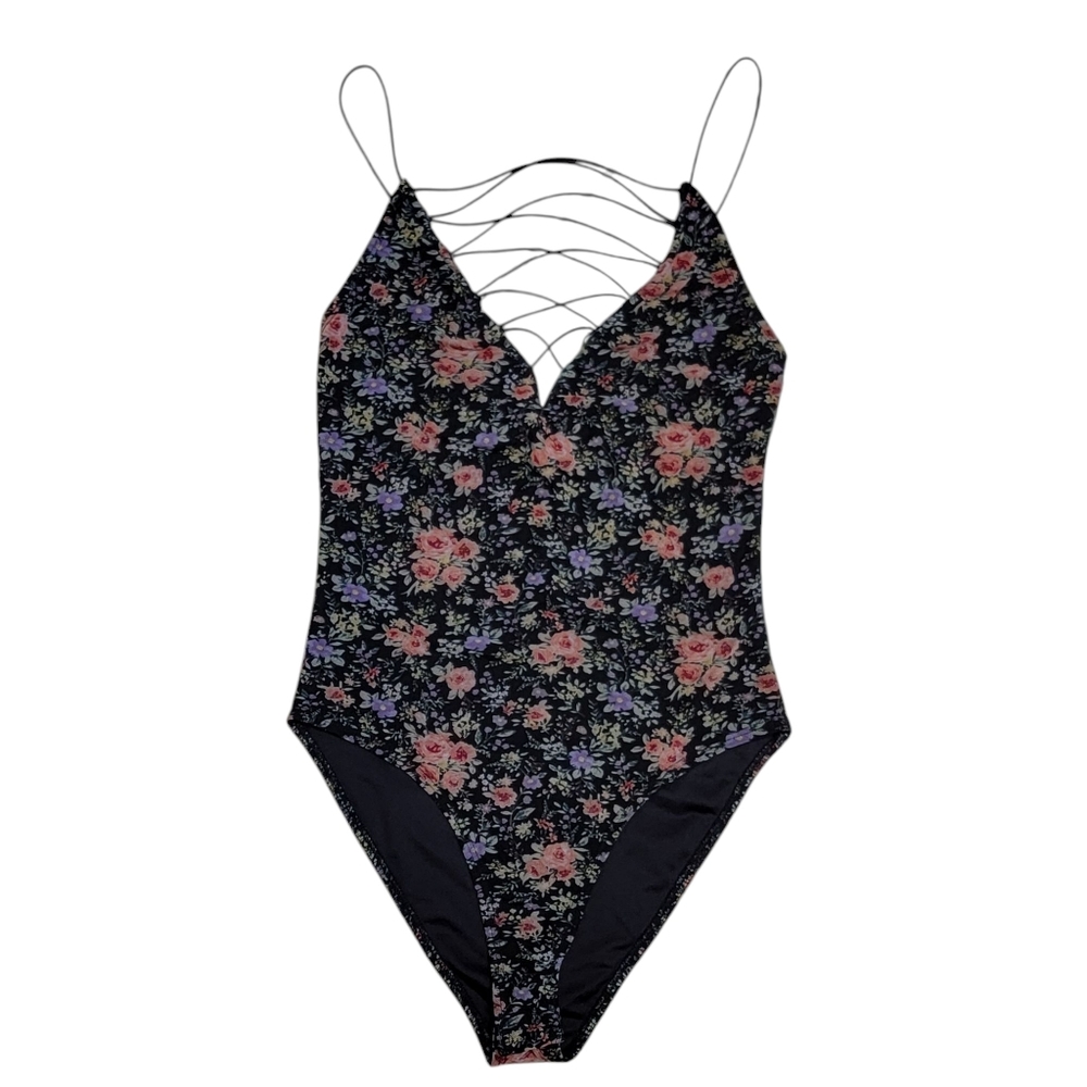 Forever‎ 21 Black Floral Bodysuit Womens Sz S Strappy Mesh Sleeveless Roses Top